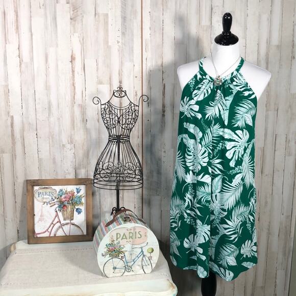 Tahari Beach Palm Halter Dress in Green and White Size Large - Picture 1 of 10